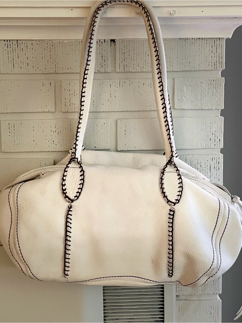 Carlos Falchi Cream Pebble Leather Shoulder Bag with Brown Lining